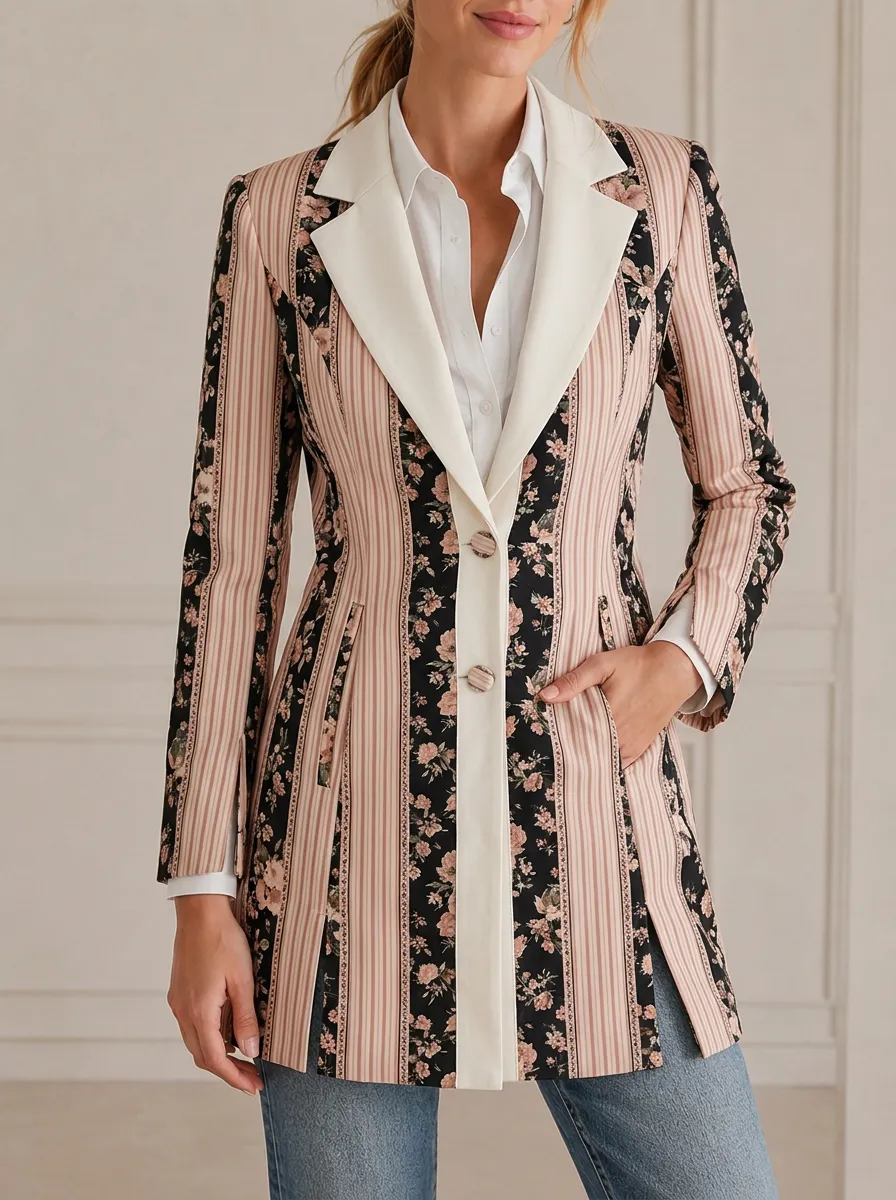 Women's Vintage Floral Striped Pattern Printed Blazer Jacket