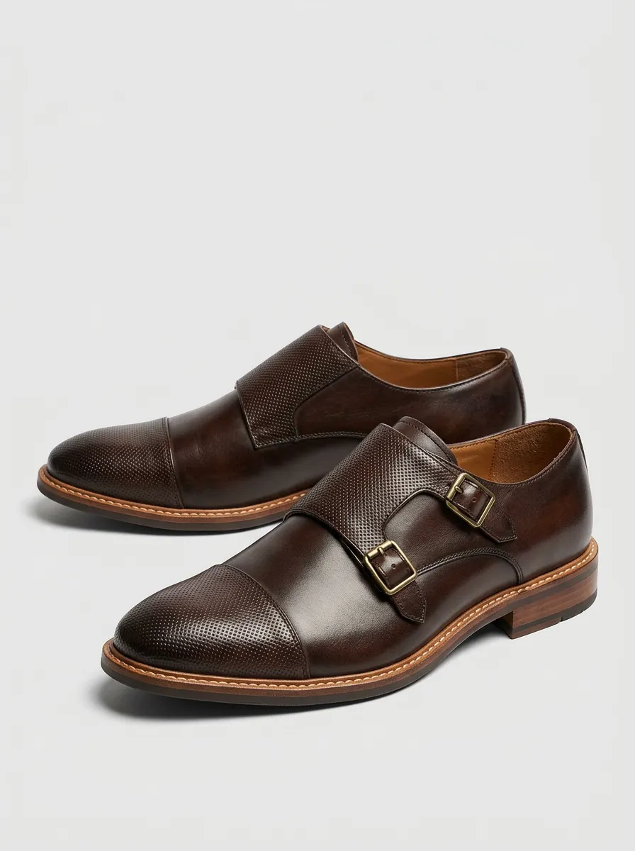 Men's Business Casual Leather Perforated Double Monk Strap Shoes