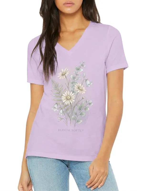 Women's Floral Nature Lover Bloom Softly Printed V-neck T-shirt
