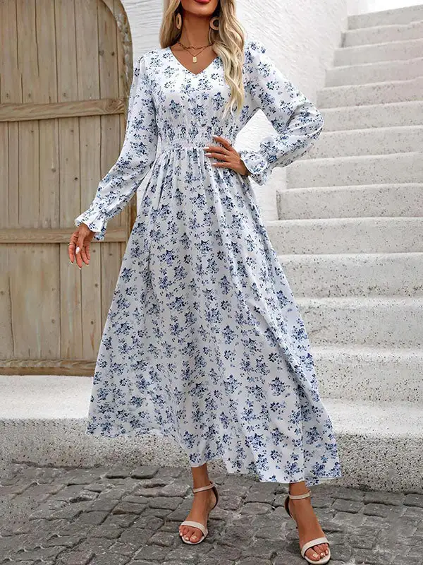 Elasticity Floral Printed Long Neck Maxi Dress