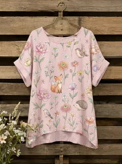 Bird Fox Hedgehog Women's Loose Printed T-Shirt