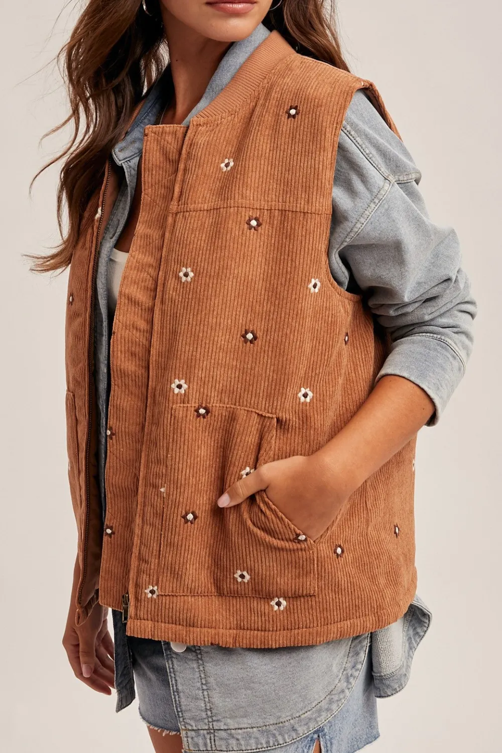Floral Embroidered Corduroy Vest