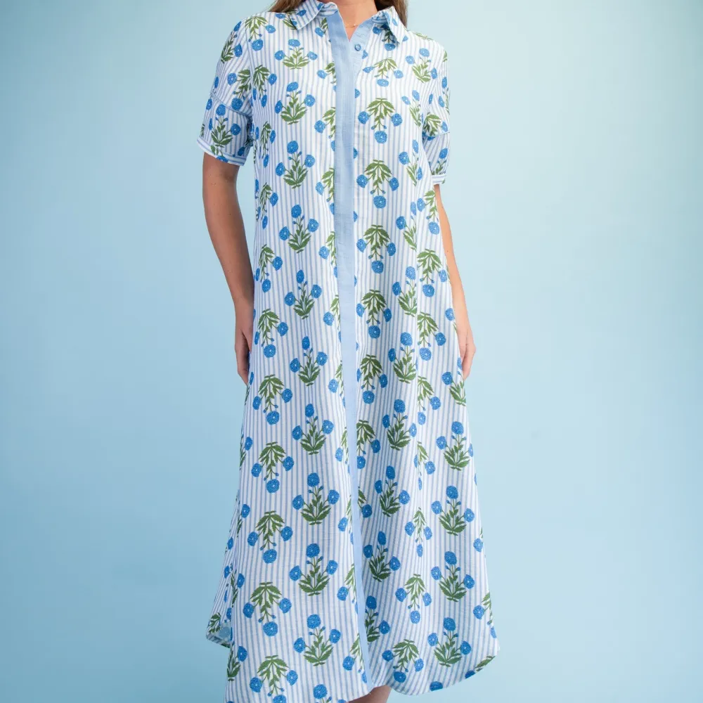 Classic Floral Striped Short Sleeve Collared Dress