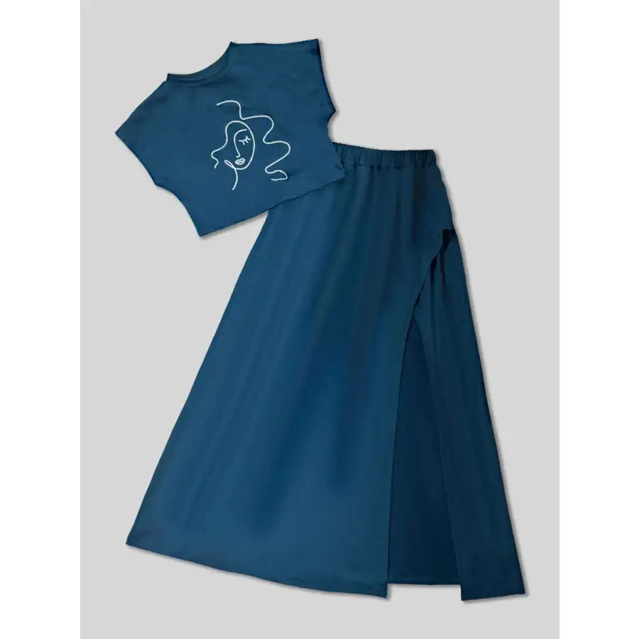 Flowing Round Neck Short Sleeve Top And Skirt Set
