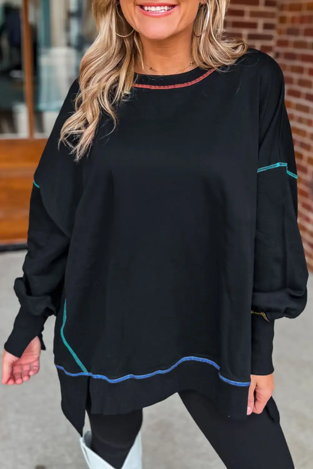 Contrast Stitching Split Relaxed Sweatshirt