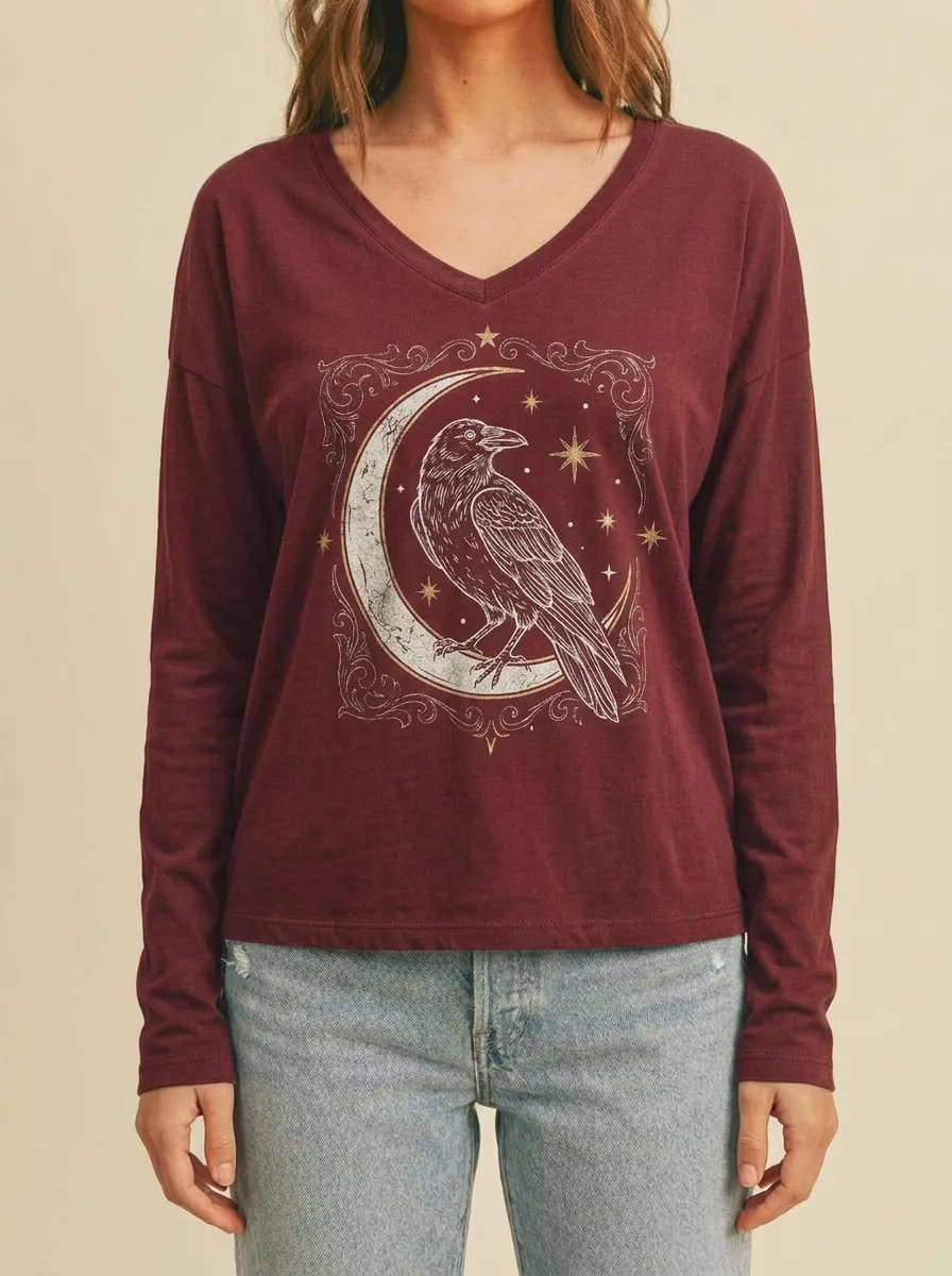 Women's Halloween Gothic Raven Moon Stars Printed V-neck Long Sleeve Top