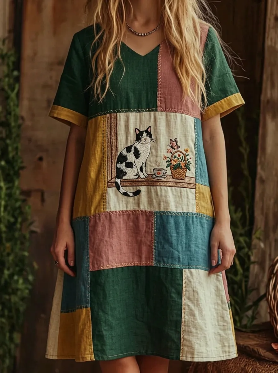 Women's Cat Lover Patchwork Cotton Linen Printed Dress