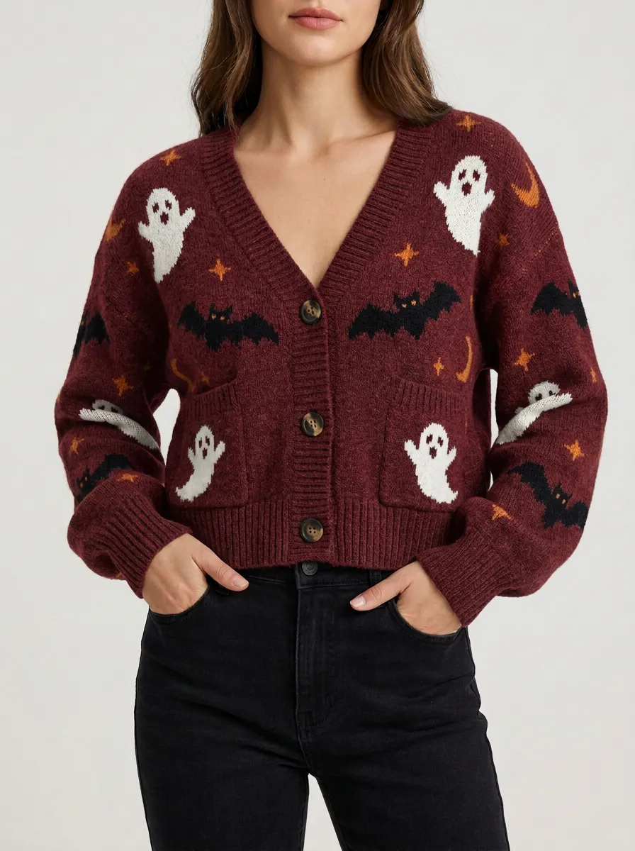 Women's Halloween Ghost Bat Moon Knit Cardigan
