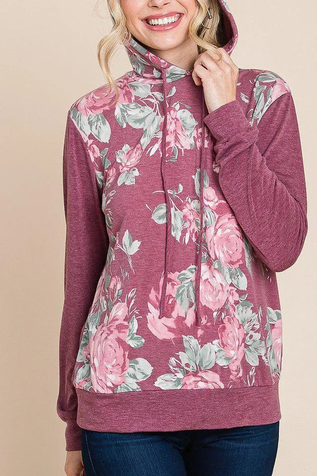 Floral-Print Contrast Hoodie
