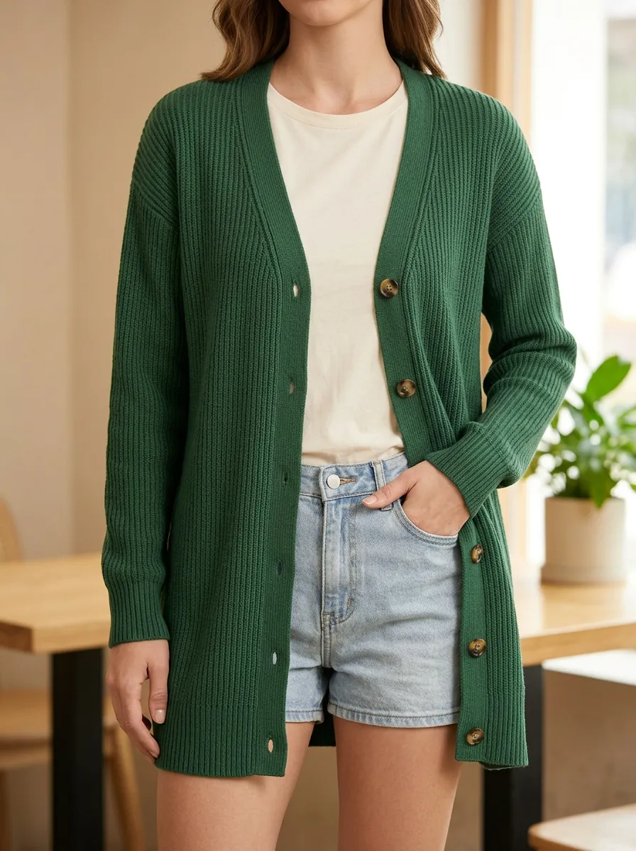 Women's Refined Layered Ribbed Knit Button Front V Neck Cardigan