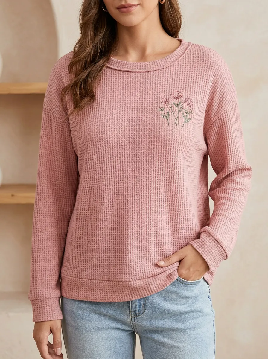 Women's Pink Floral Waffle Knit Printed Sweatshirt