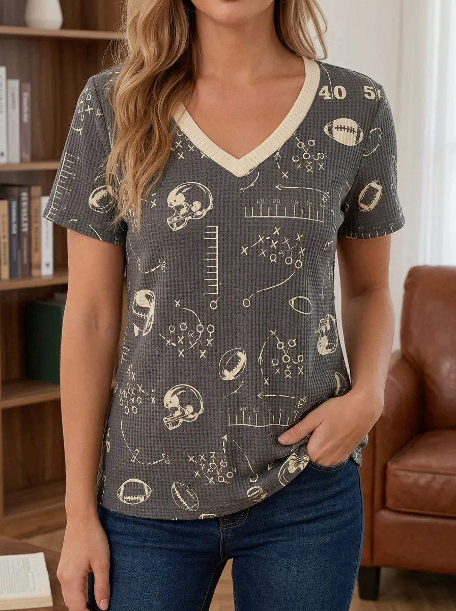 Women's Heritage Football Fan Helmet Playbook Printed Waffle Knit Top
