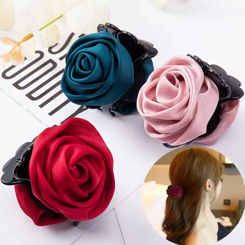 Rose Flower Hair Claw Clip with Soft Fabric
