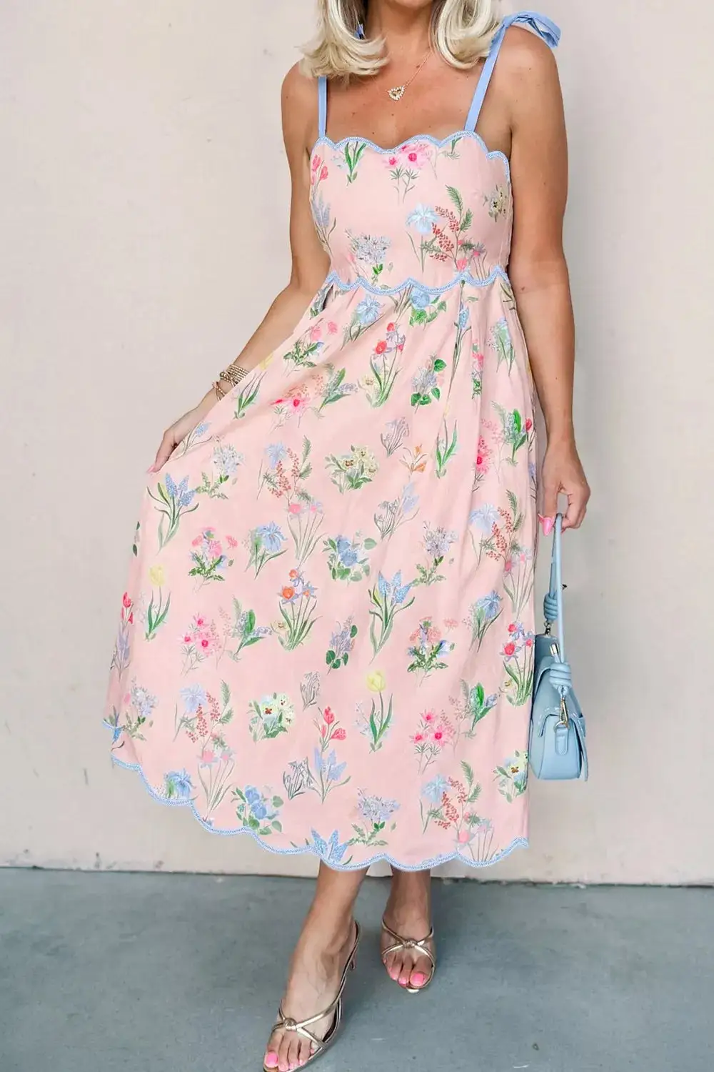 Contrast Trim Self-Tie Straps High Waist Midi Dress