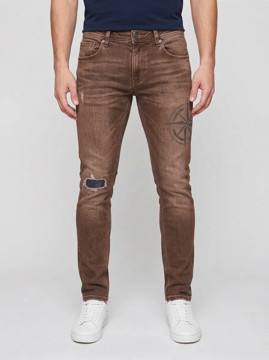 Men's Nautical Compass Graphic Distressed Slim-Fit Jeans