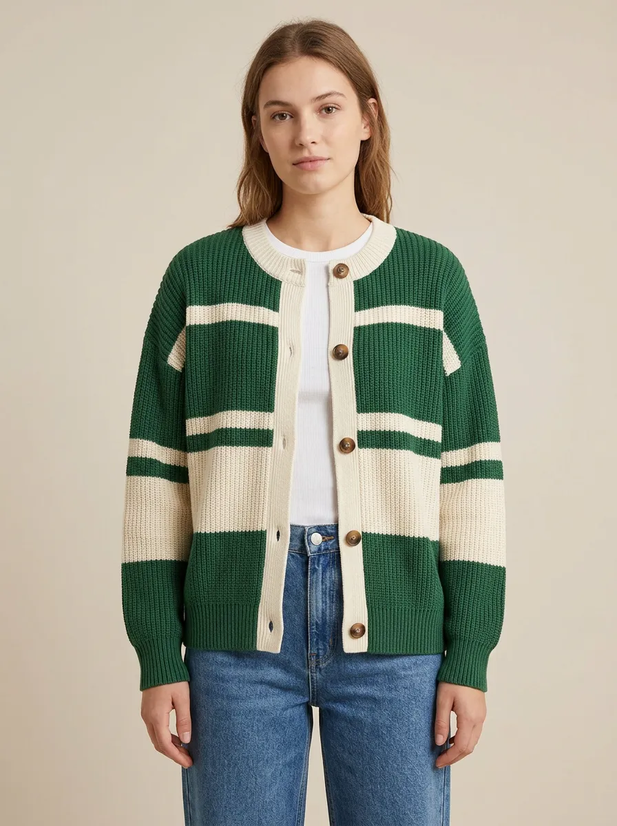 Sport Inspired Rugby Striped Button Front Knit Cardigan