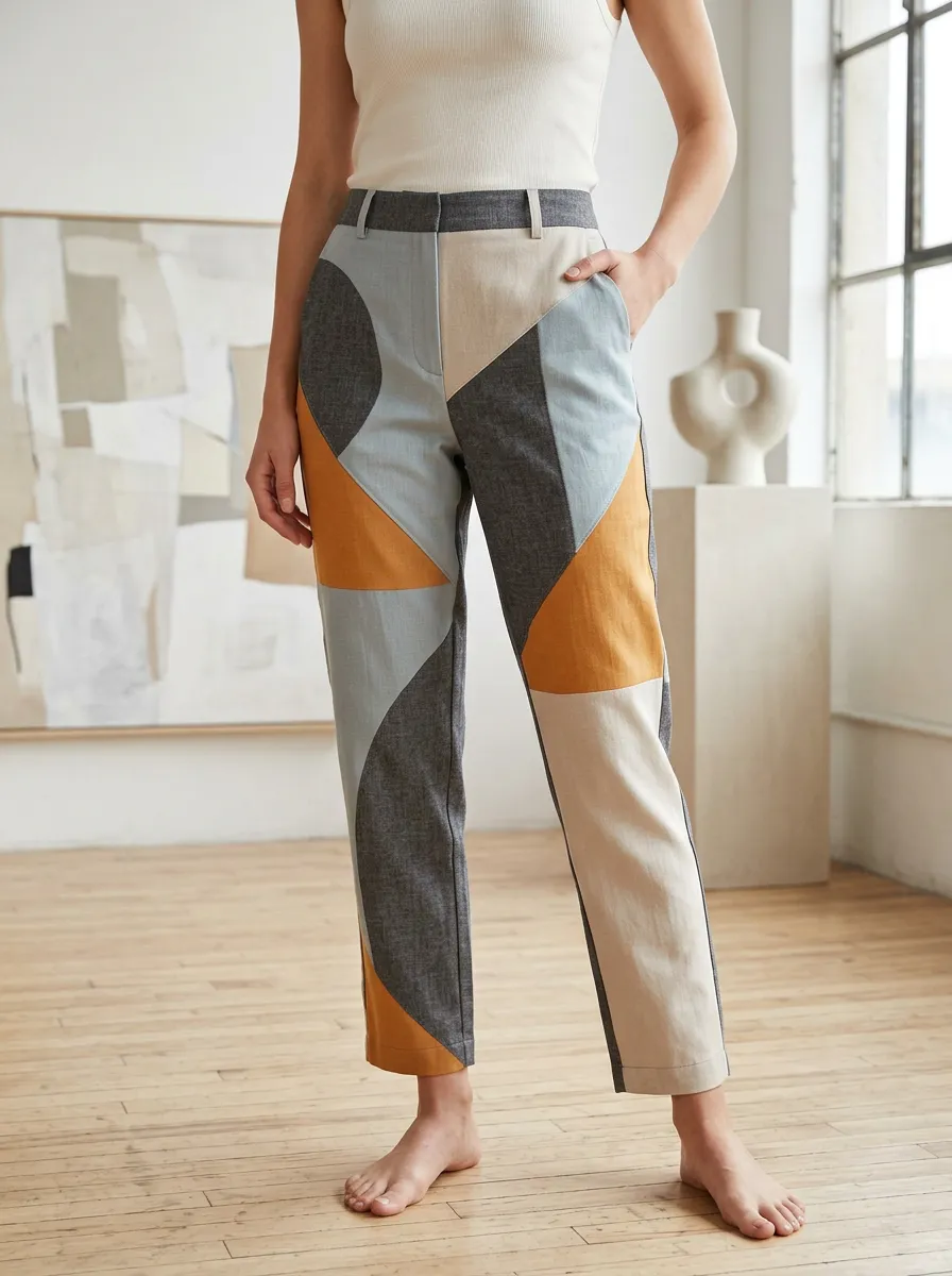 Women's Relaxed Abstract Geometric Colorblock Printed Pants