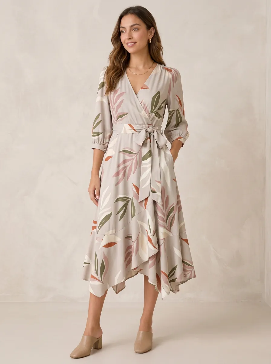Women's Boho Botanical Leaf Printed Wrap Midi Dress