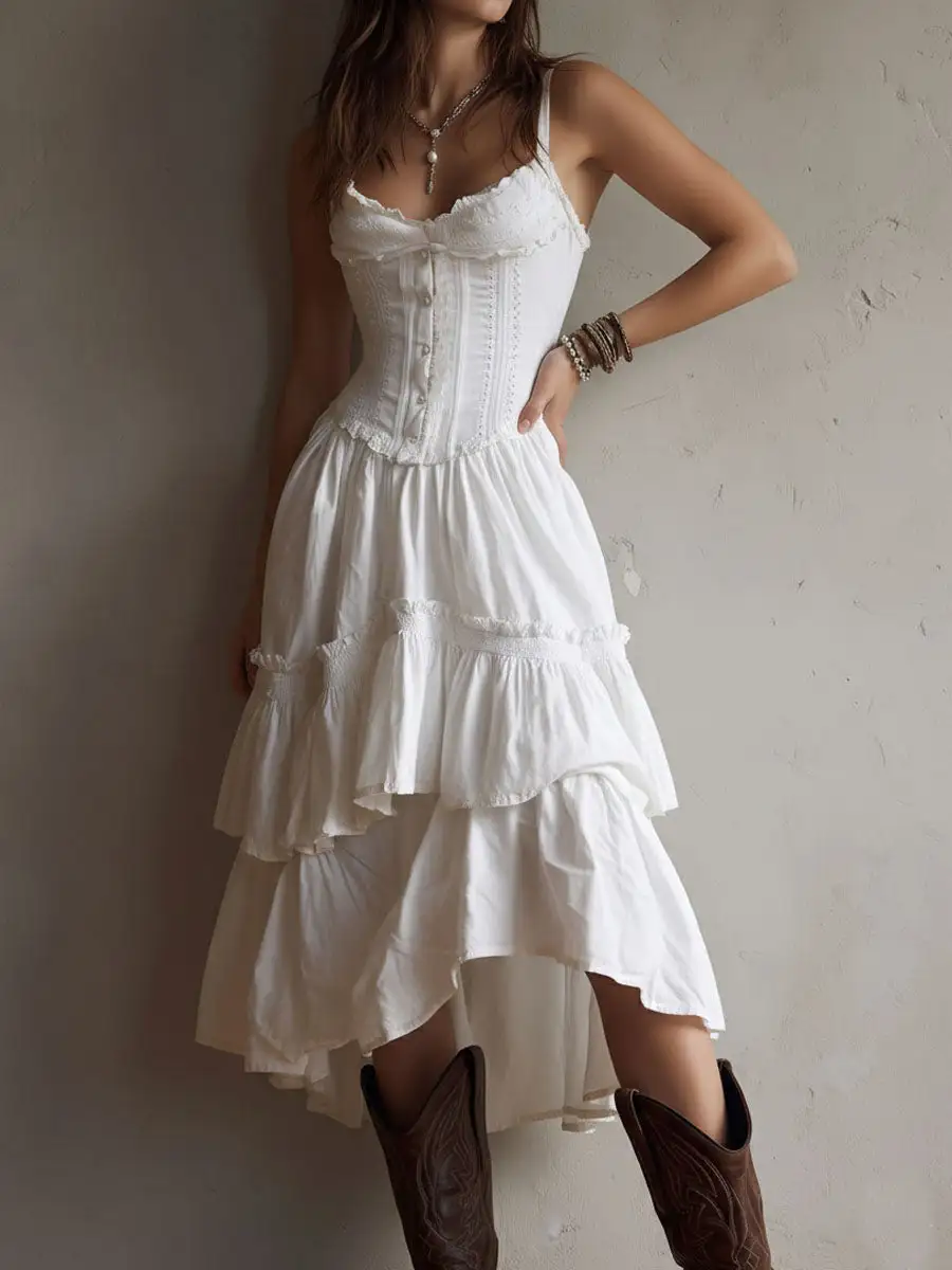 Retro Boho Corset Tiered Midi Dress With Lace-Trim