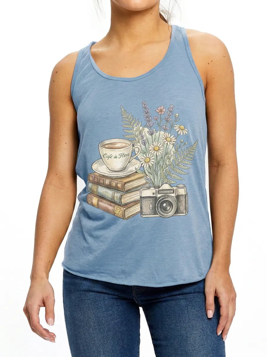 Women's Coffee Book Camera Flower Printed Tank Top