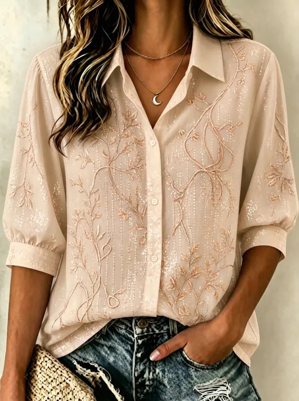Women's Breast Cancer Awareness Floral Embroidered Printed Shirt