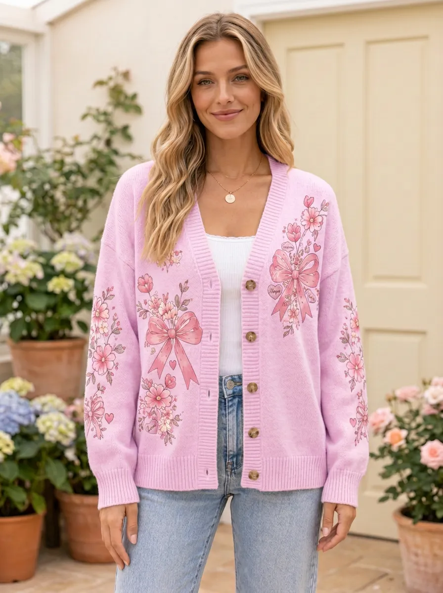 Women's Romantic Floral Ribbon Bow Romantic Printed Cardigan