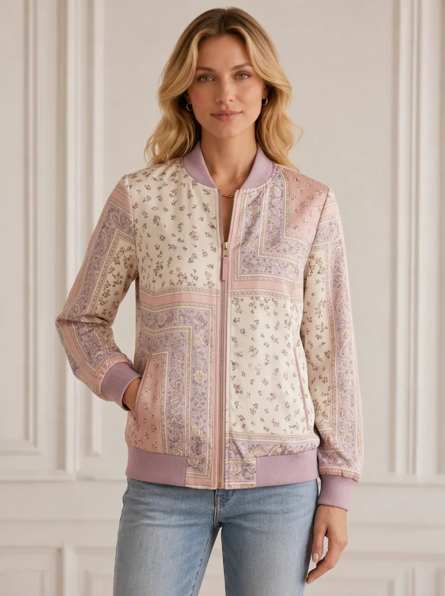 Women's Floral Paisley Patchwork Ribbed Cuffs Bomber Jacket