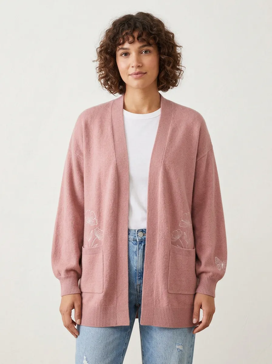 Pink Butterfly Floral Embroidered Open-Front Cardigan