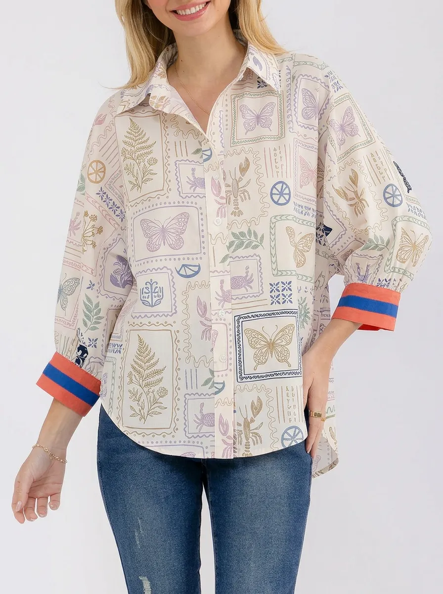 Women's Vintage Stamp Butterfly Botanical Printed Button-up Shirt