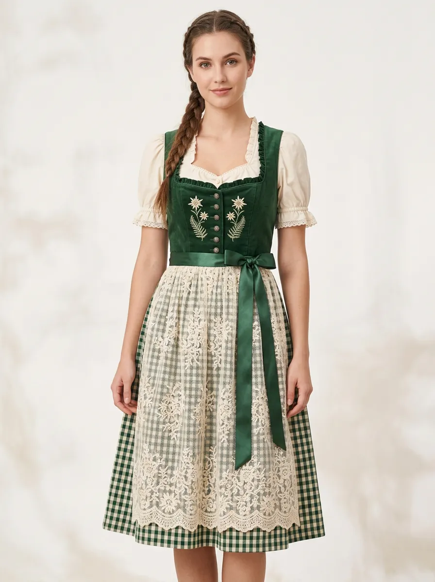 Floral Embroidered Edelweiss Gingham Lace Apron Women's Bavarian Oktoberfest Dirndl Dress