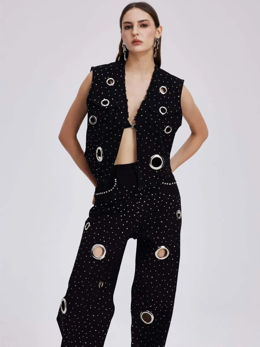 Liana Embellished Cutout Denim Pants Set