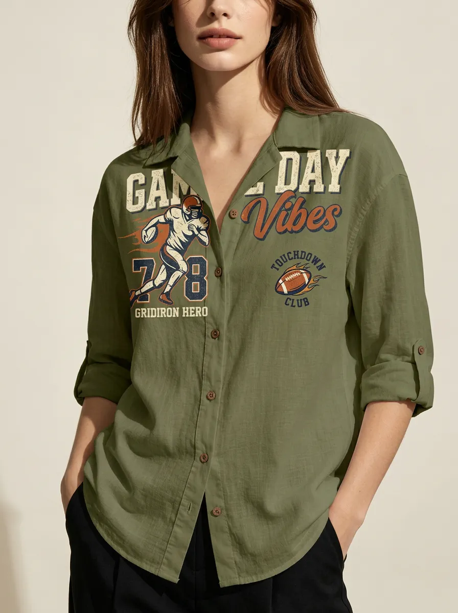 Women's Football Game Day Gridiron Hero Printed Button-up Shirt