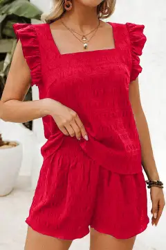 Refined High-Waist Shirred-Waist Textured Two-Piece Top and Shorts Set