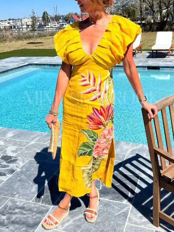 V Neck Pleated Print Midi Dress