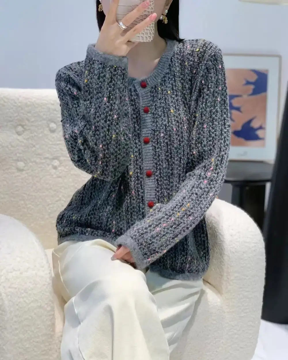 Merino-Wool Wool-Blend Round-Neck Cardigan