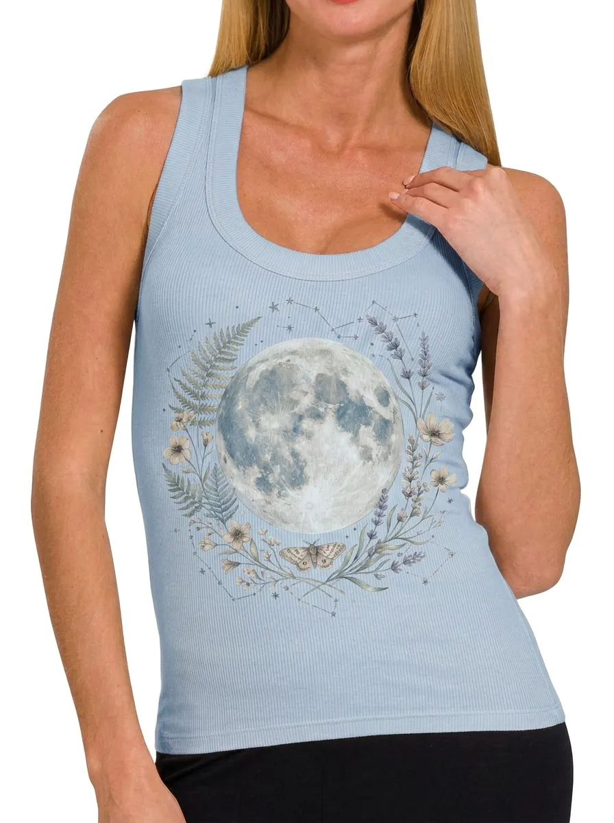 Women's Celestial Moon Fern Floral Moth Printed Tank Top