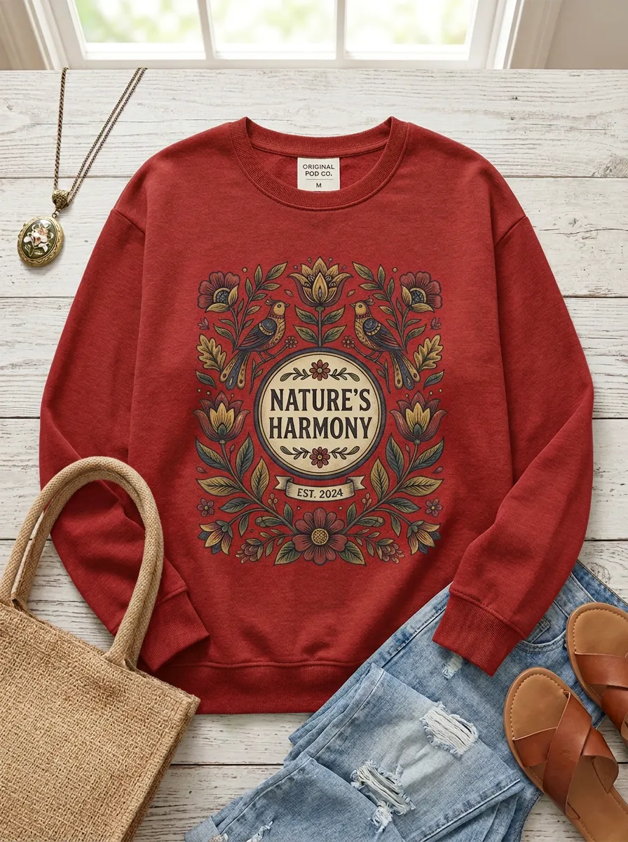 Women's Nature Harmony Floral Bird Folk Art Printed Sweatshirt