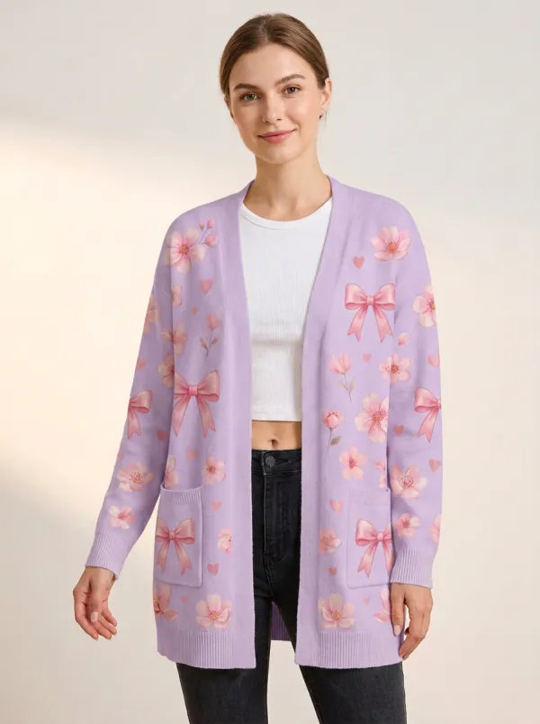 Women's Breast Cancer Awareness Pink Bow Flower Printed Cardigan
