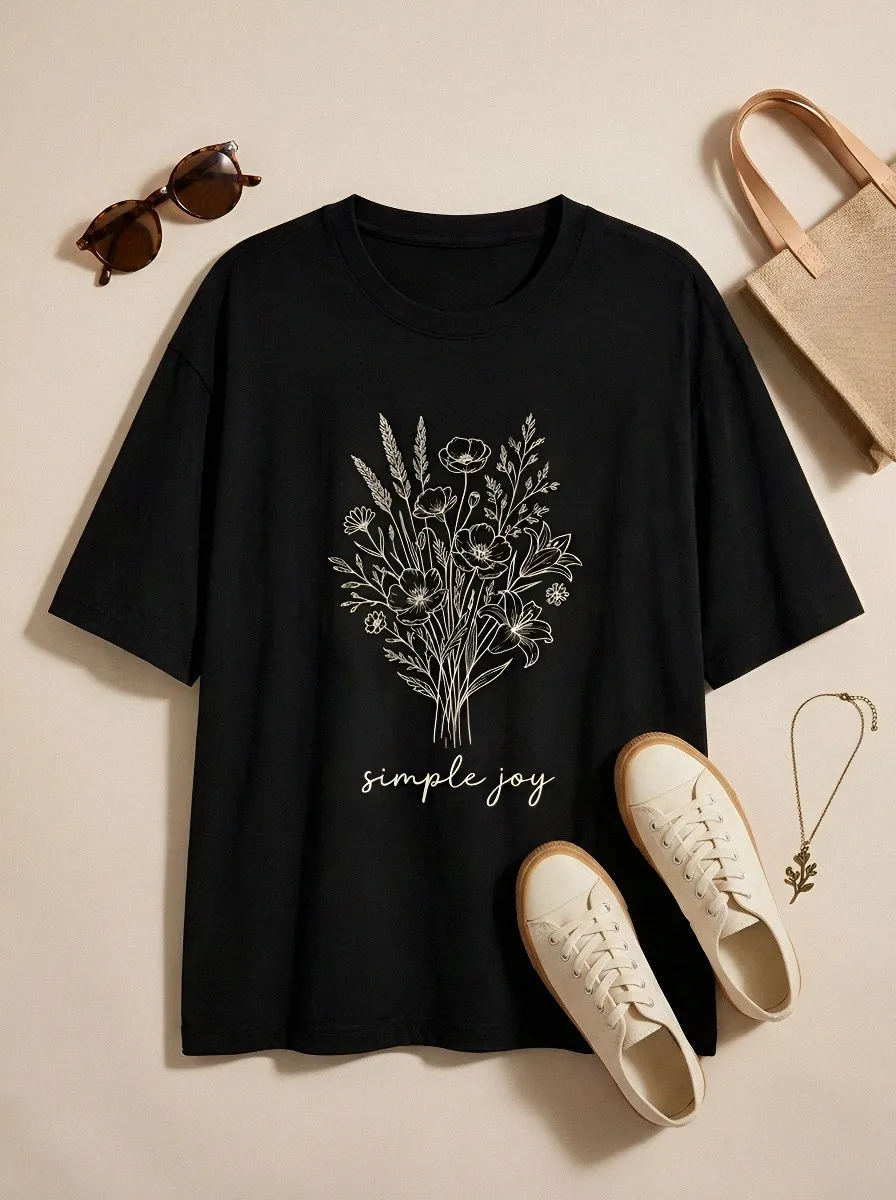 Women's Botanical Lover Simple Joy Floral Bouquet Printed T-shirt