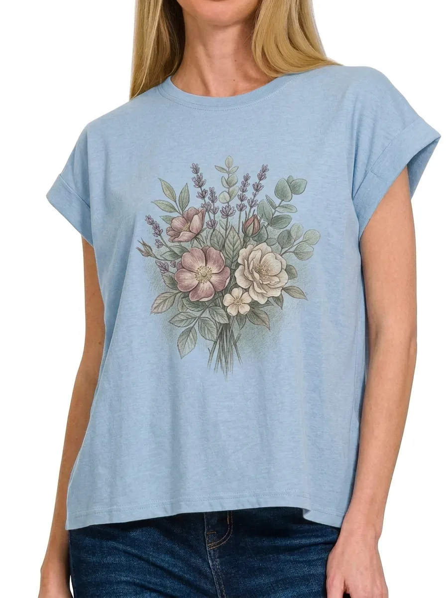 Women's Botanical Floral Bouquet Printed T-shirt
