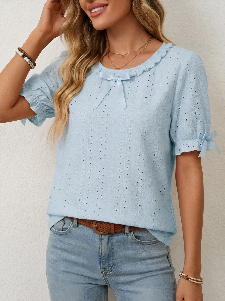 Women's Coquette Aesthetic Pink Bow Eyelet Printed Top