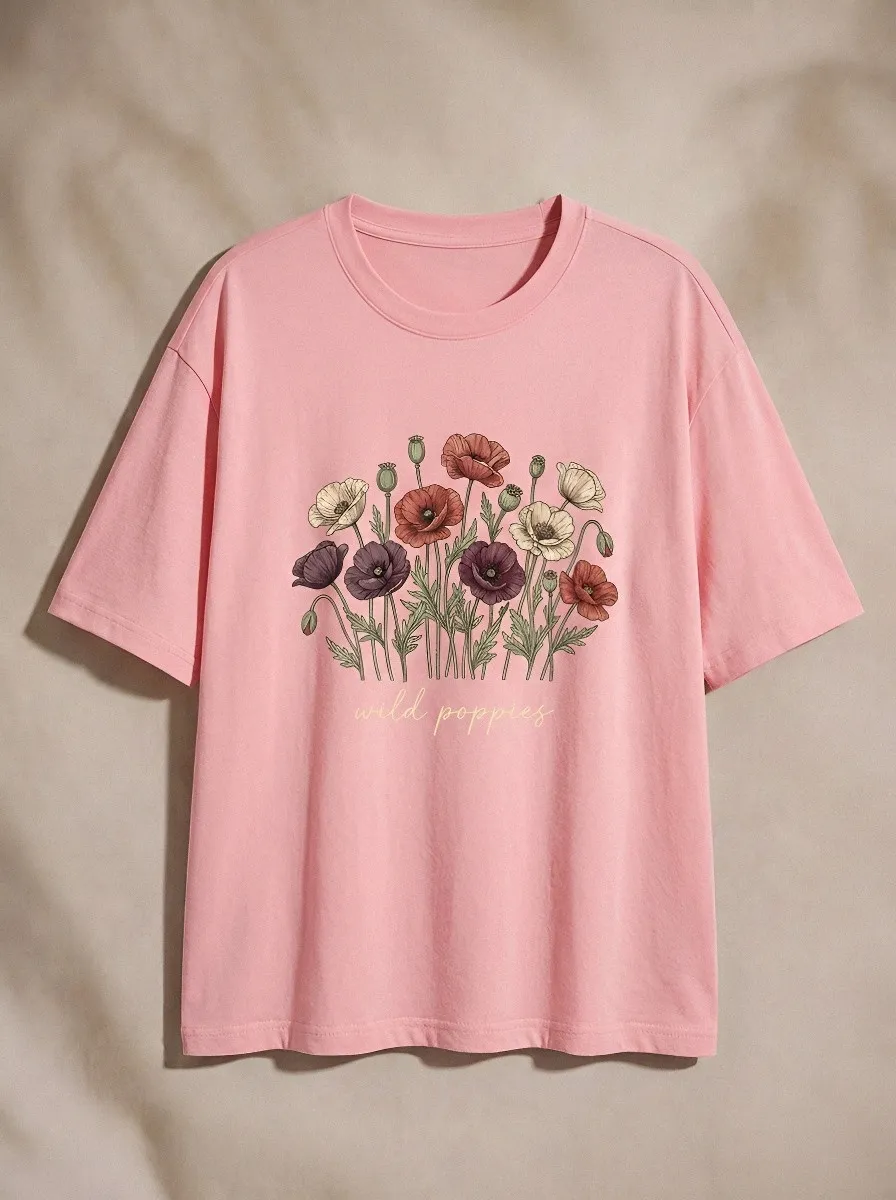 Women's Botanical Nature Lover Wild Poppies Printed T-shirt