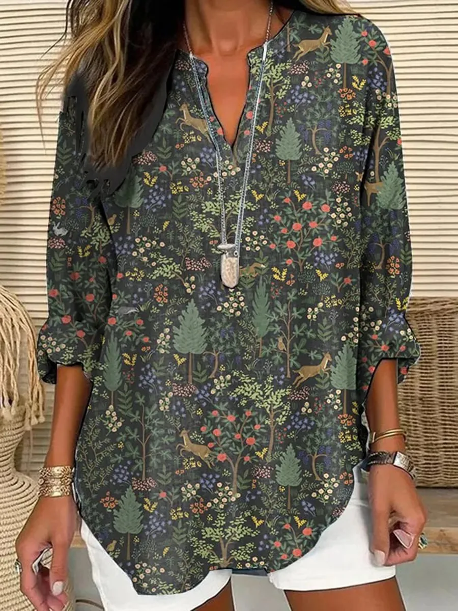 Women's Casual Forest Animal Plant Flower Cotton And Linen Shirt