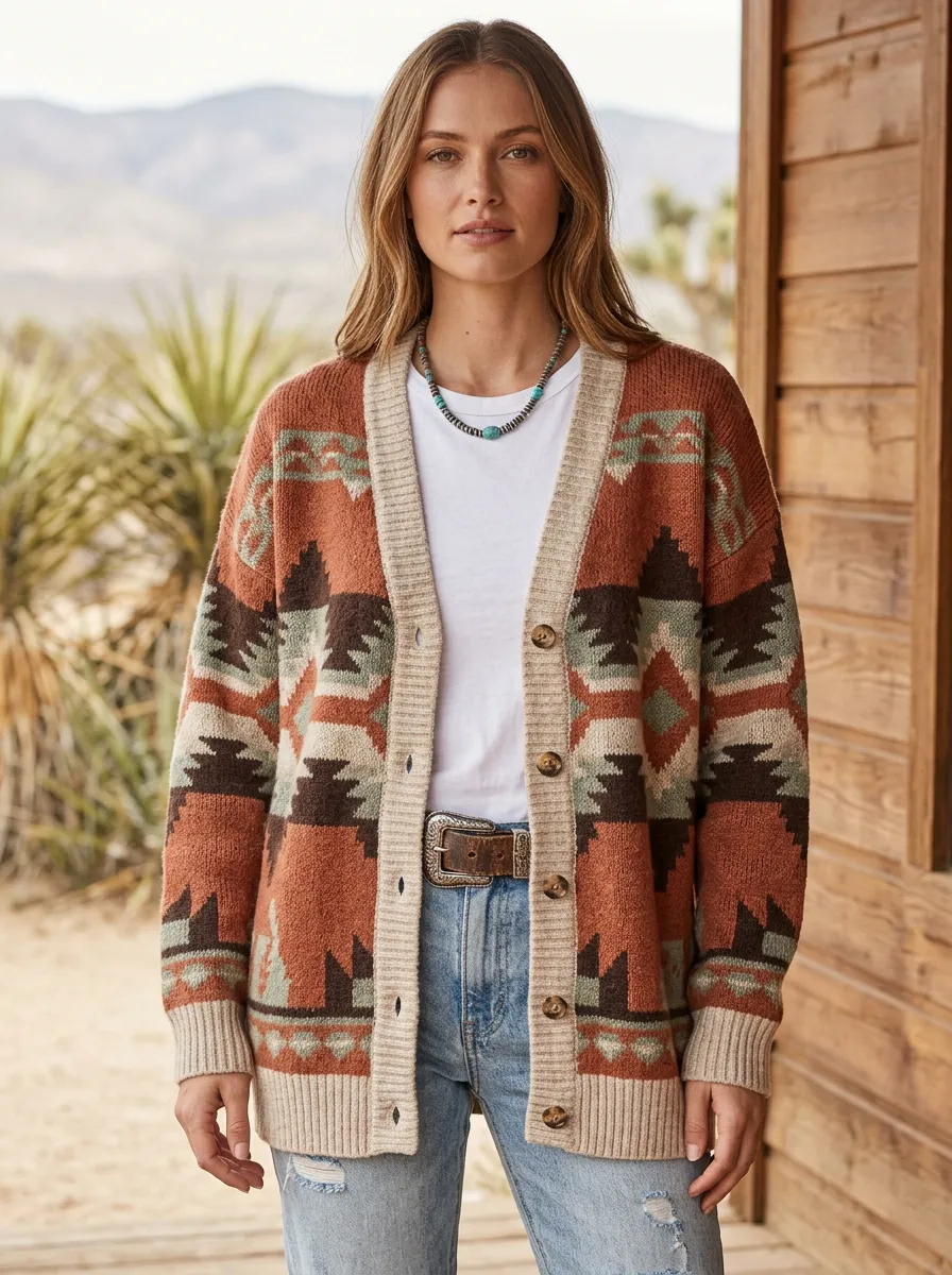Women's Western Style Aztec Geometric Pattern Knitted Cardigan