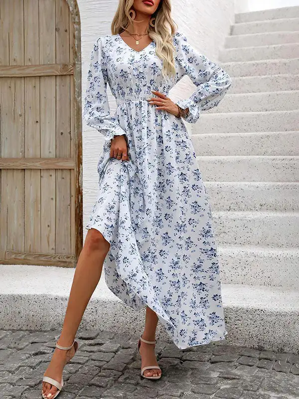 Elasticity Floral Printed Long Neck Maxi Dress