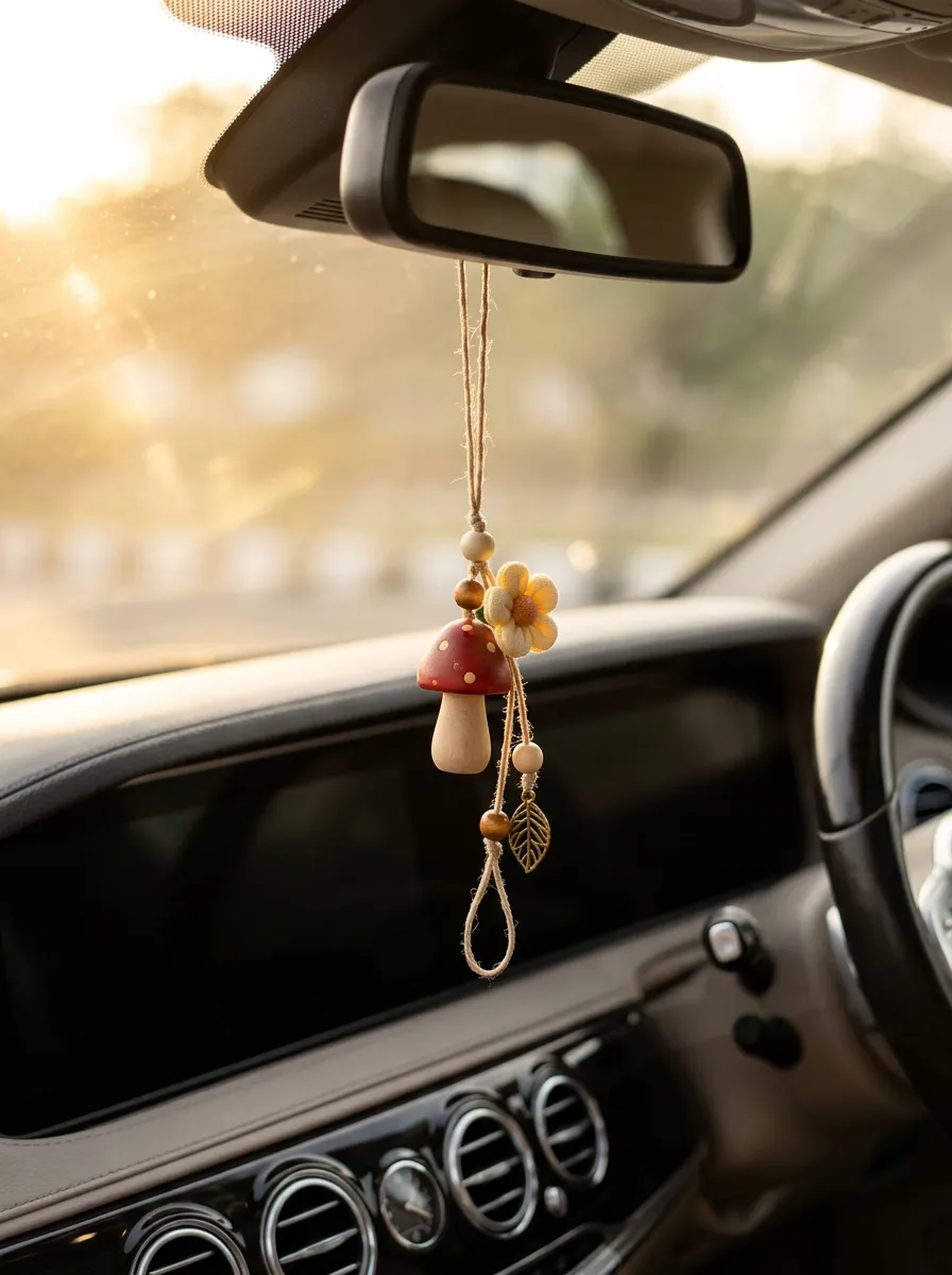 Beaded Mushroom Floral Leaf Rearview Mirror Hanging Ornament
