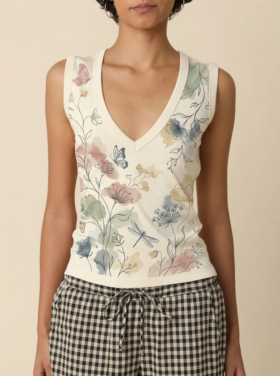 Women's Nature Lover Butterfly Dragonfly Floral Printed Tank Top