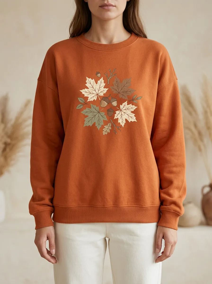 Longline Maple-Leaf Printed Acorn Graphic Sweatshirt