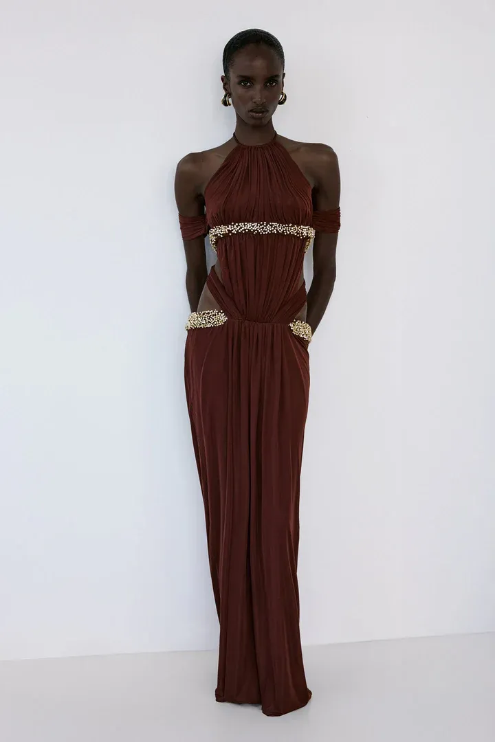 Esme Brown Halter Ruched Maxi Dress