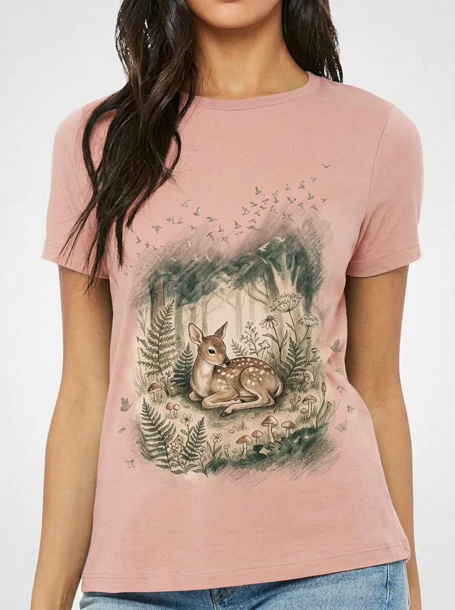 Women's Forest Deer Nature Lover Woodland Printed T-shirt